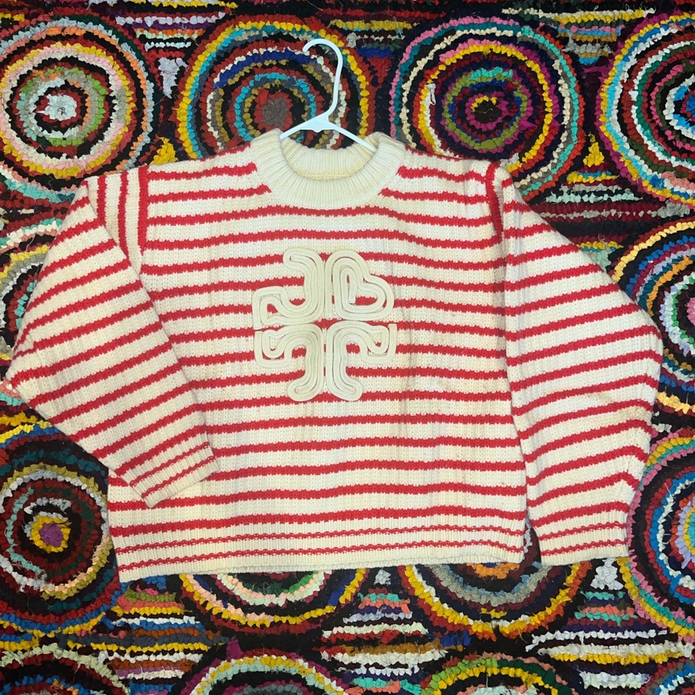 Tory Sport Merino Striped Heart Logo Sweater